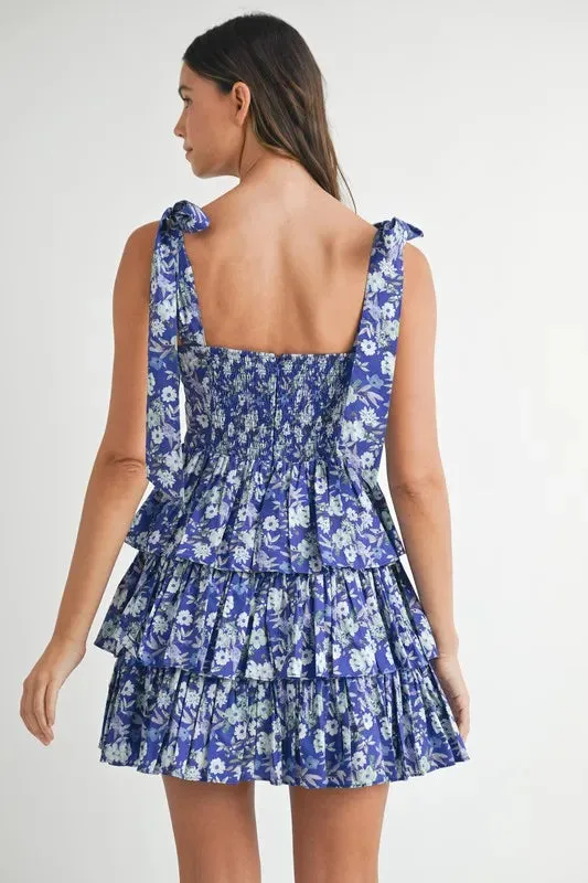 Sunkiss Floral Print Shoulder Tie Layered Mini Dress