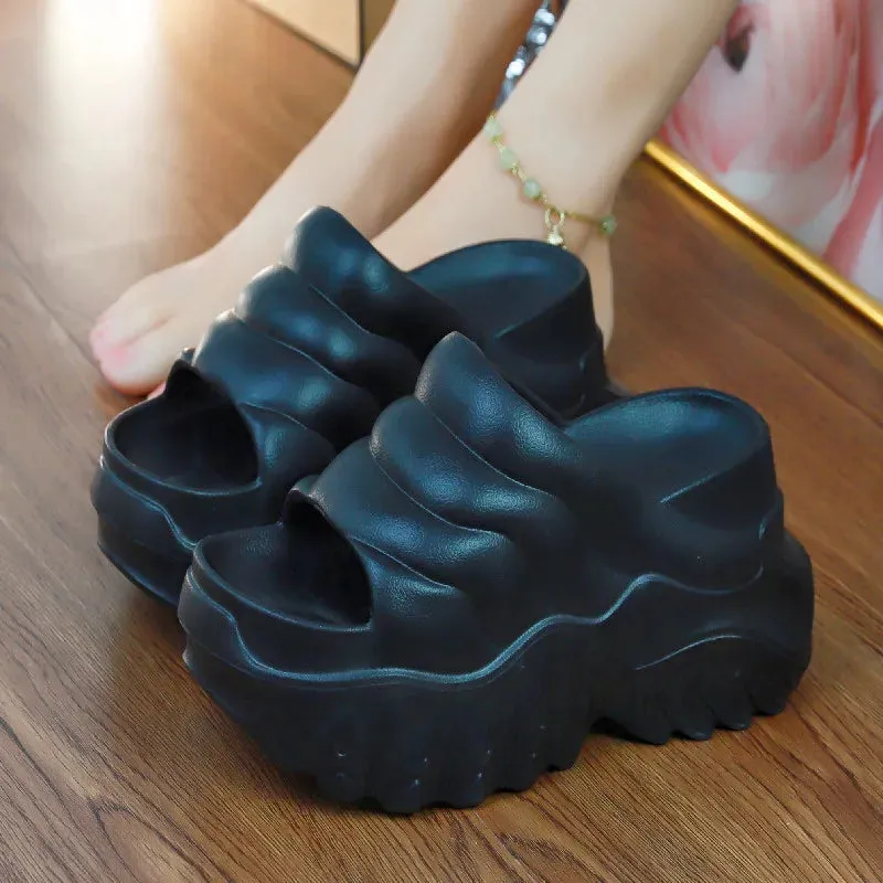 Super High 10 cm Heel Slipper Woman Thick Sole Open Toe Shoes Summer Women's Platform Plain Elevator Slipper Gothic Style Slides