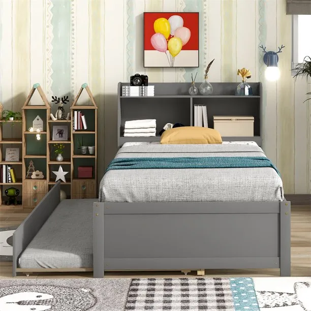 Twin Bed with Trundle, Twin Bed Frame with Bookcase Headboard, Wood Twin Platform Bed with Pull Out Trundle Bed for Kids, Gray