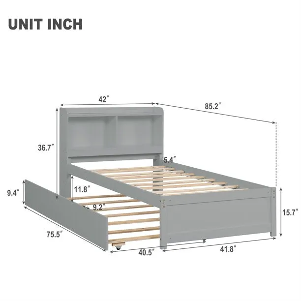 Twin Bed with Trundle, Twin Bed Frame with Bookcase Headboard, Wood Twin Platform Bed with Pull Out Trundle Bed for Kids, Gray