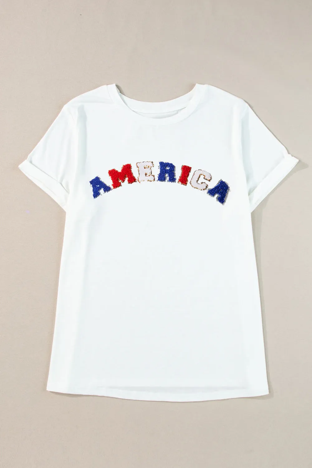 White AMERICA Chenille Embroidered Plus Size T Shirt