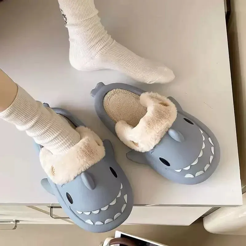 Winter Shark Slippers Couple Removable Liner Warm Cute Women Shark Slides Plush Cotton Flip Flops Men Indoor Cotton Flat Shoes