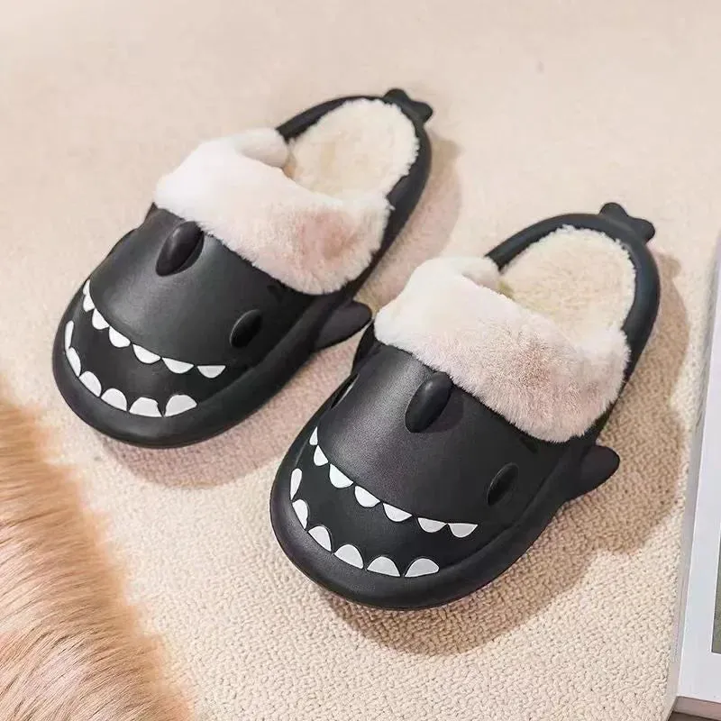 Winter Shark Slippers Couple Removable Liner Warm Cute Women Shark Slides Plush Cotton Flip Flops Men Indoor Cotton Flat Shoes