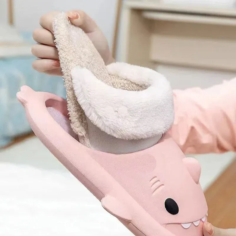 Winter Shark Slippers Couple Removable Liner Warm Cute Women Shark Slides Plush Cotton Flip Flops Men Indoor Cotton Flat Shoes