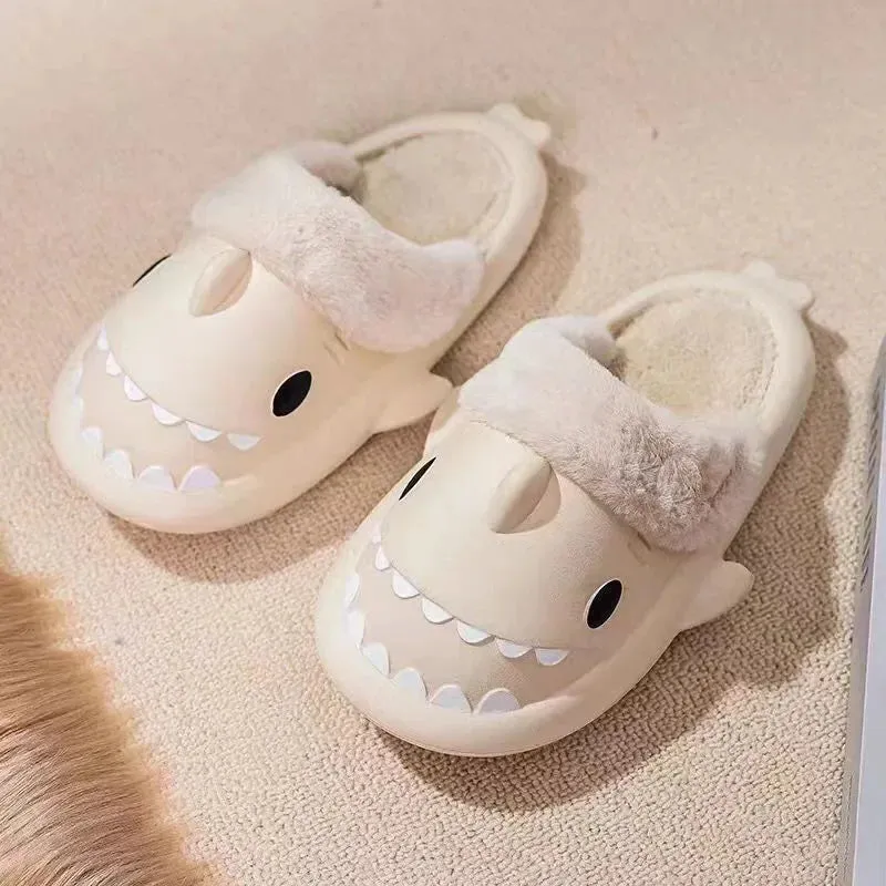 Winter Shark Slippers Couple Removable Liner Warm Cute Women Shark Slides Plush Cotton Flip Flops Men Indoor Cotton Flat Shoes