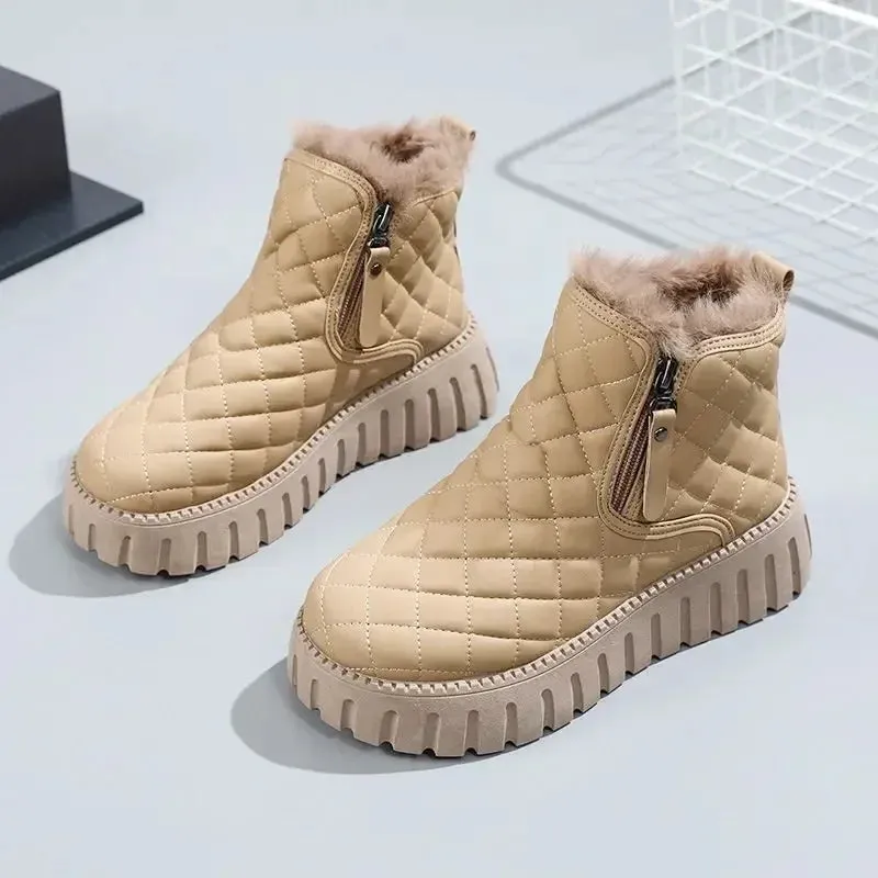 Woman Shoes Round Toe Elegant With Medium Heels Platform Snow Boots for Women Chunky Demi-season Anti Slip New In Spring Autumn