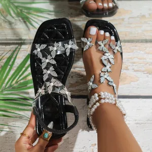 Women Flat Sandals Summer Transparent Butterfly with Sandals Square Toe Fashion Shoes for Women Elegant Dress Sandals Women