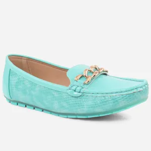 Women “JAYNE” Textured Patent Vamp  Chain Buckle Stitched Detail Moccasin Shoes