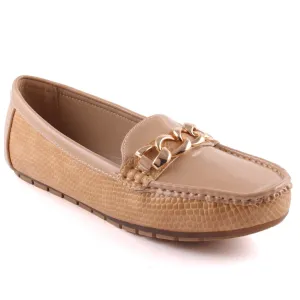 Women “JAYNE” Textured Patent Vamp  Chain Buckle Stitched Detail Moccasin Shoes