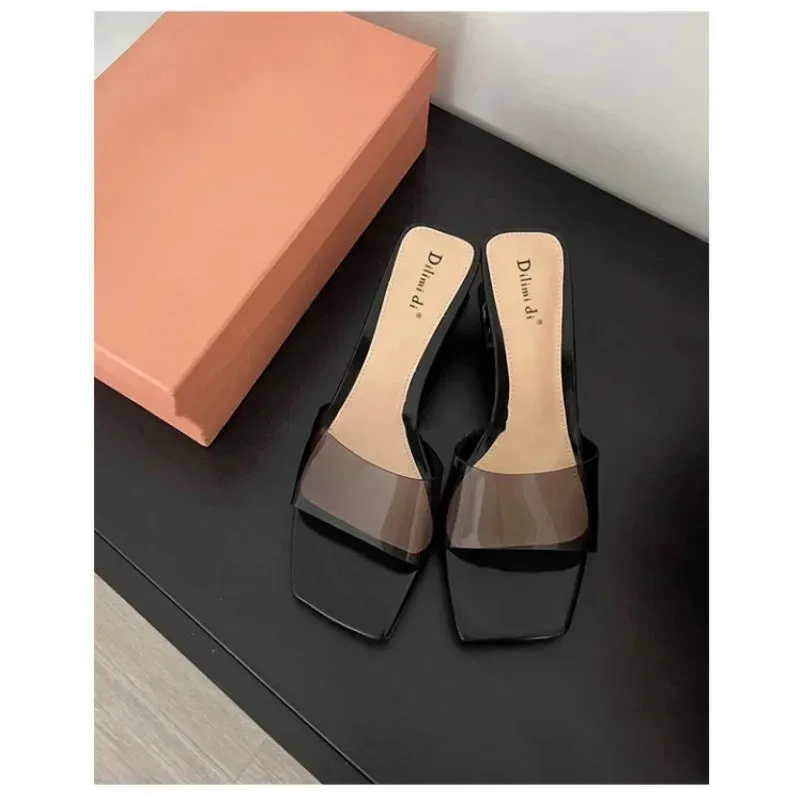 Women's Crystal Slippers Mid-heel All-matching New Summer Fashion Cool Mule Slideshow Sandals Transparent Jelly Square Toe Shoes
