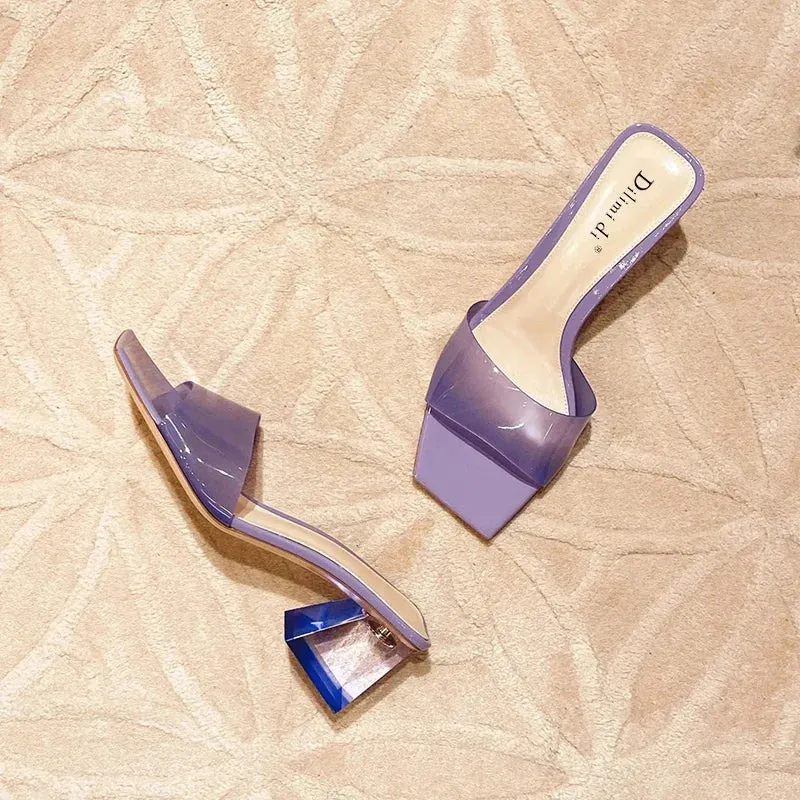 Women's Crystal Slippers Mid-heel All-matching New Summer Fashion Cool Mule Slideshow Sandals Transparent Jelly Square Toe Shoes