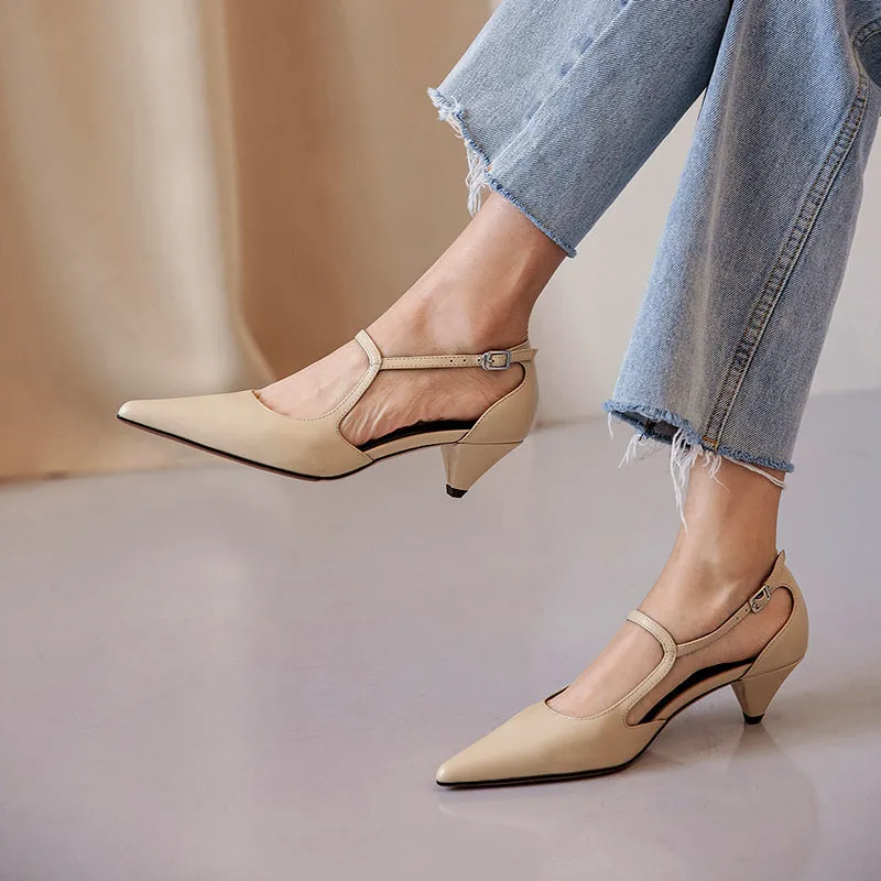 Women's Mid Heel Pointed Toe Buckle Hollow Sandals - Fashionable Ladies' Footwear