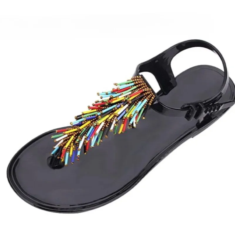Women's Shoes Flip-flops Sandals for Woman Black Footwear Plastic with Low Heels Summer 2024 Crystal Pvc Wholesale Luxury Sale H