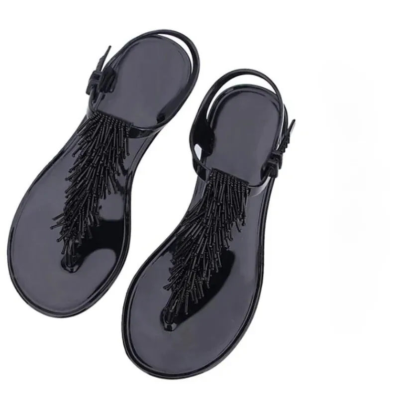 Women's Shoes Flip-flops Sandals for Woman Black Footwear Plastic with Low Heels Summer 2024 Crystal Pvc Wholesale Luxury Sale H